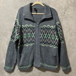 Vtg London Fog Blue Fair Isle Zip Up Cardigan Jacket Large‎ Shawl Collar Pockets